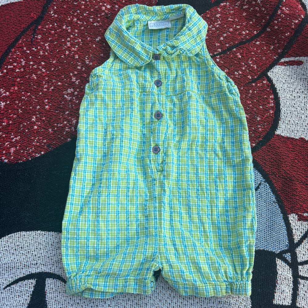 VINTAGE Y2K BASIC EDITIONS GREEN BLUE PLAID ROMPER SIZE 12 MONTHS ADORABLE